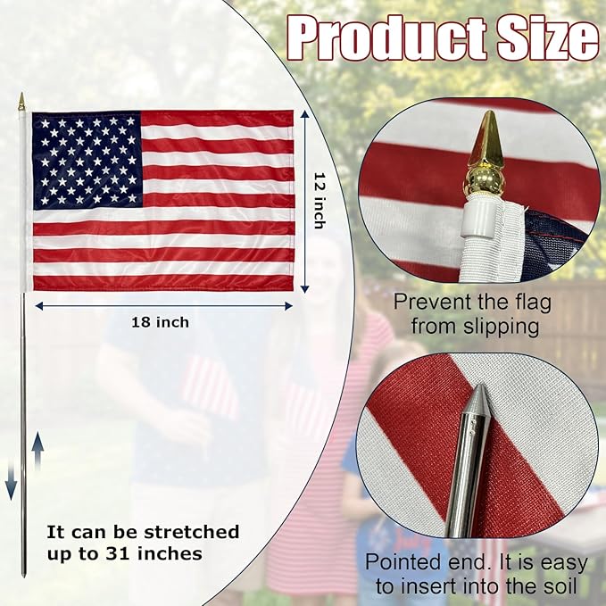 Bradford Small American Flag on Stick 6 Pcs 12x18 inch for 250th Anniversary Decorations, Heavy Duty Hand Held Handheld US USA Flags with Retractable Pole for 4th of July Outside Yard Garden