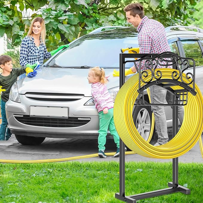 Garden Hose Holder - Upgraded Water Hose Holder Holds, Heavy Duty Metal Freestanding Hose Stand Sturdy, Detachable Garden Hoses Storage Rack for Outside Yard Lawn (Black)