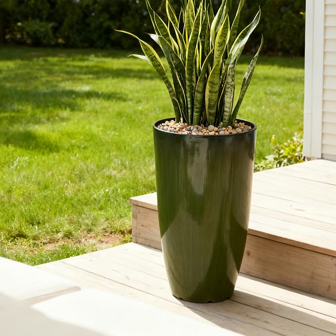 Worth Garden 23.5" H. Large Plastic Planters - Set of 2 Gradient Green Glossy Smooth Finish - Tall Plant Pots for Indoor & Outdoor Use - Decorative Lightweight Flower Pots for Front Porch, Patio, Deck