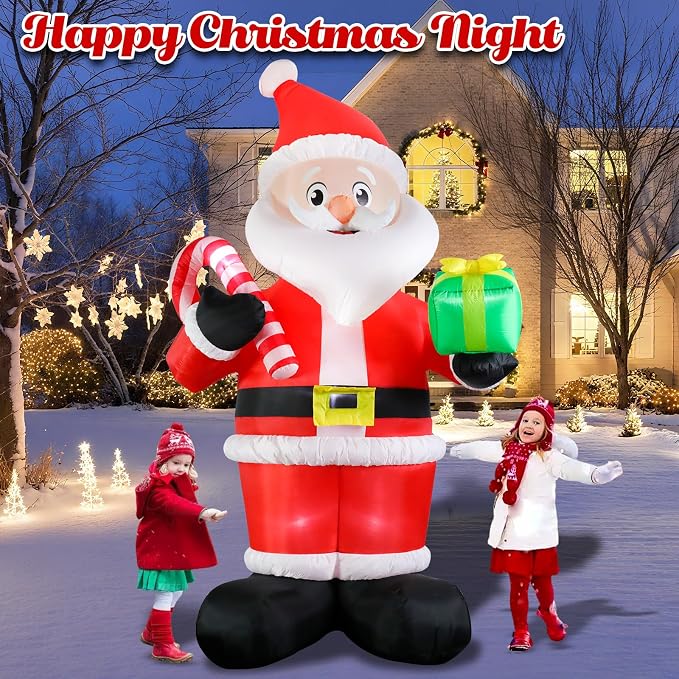MUMTOP Santa Inflatable Outdoor-Christmas Inflatable Outdoor Decoration - 9.84 FT Giant Inflatables Santa Holding Candy Cane and Gift Box Blow Up for Garden Yard Outside Decor
