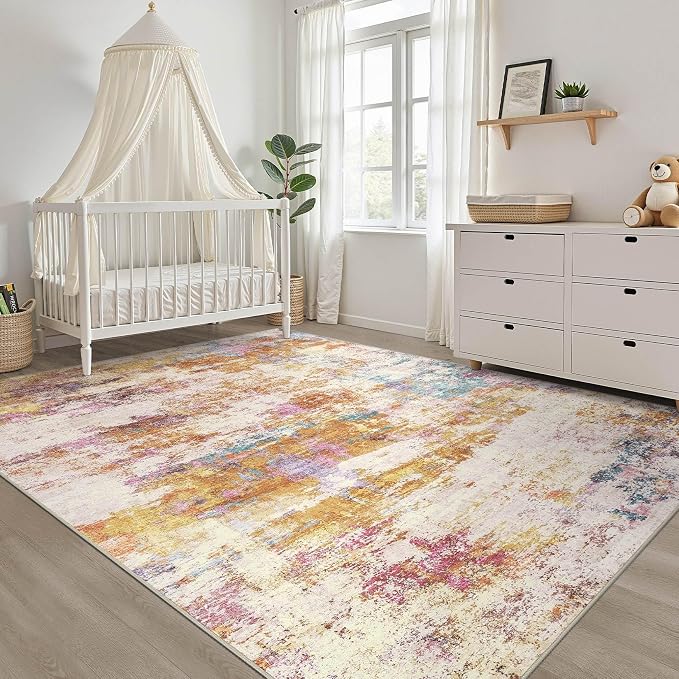 LOONGRUG 6x8 Area Rug Washable Neutral Modern Living Room Rug Multi Gold | Abstract Soft Stain Resistant Indoor Non-Slip Carpet for Bedroom Nursery Kids Office Playroom Dining Room