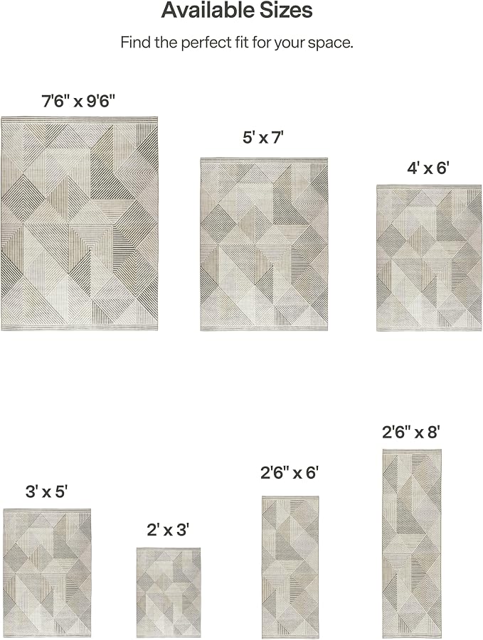 Machine Washable Area Rug Runner - Living Room Bedroom Bathroom Kitchen Entryway Office - Padded Low Pile Stain Resistant Premium - Modern Geometric Contemporary - Miles - Beige 3' x 5'