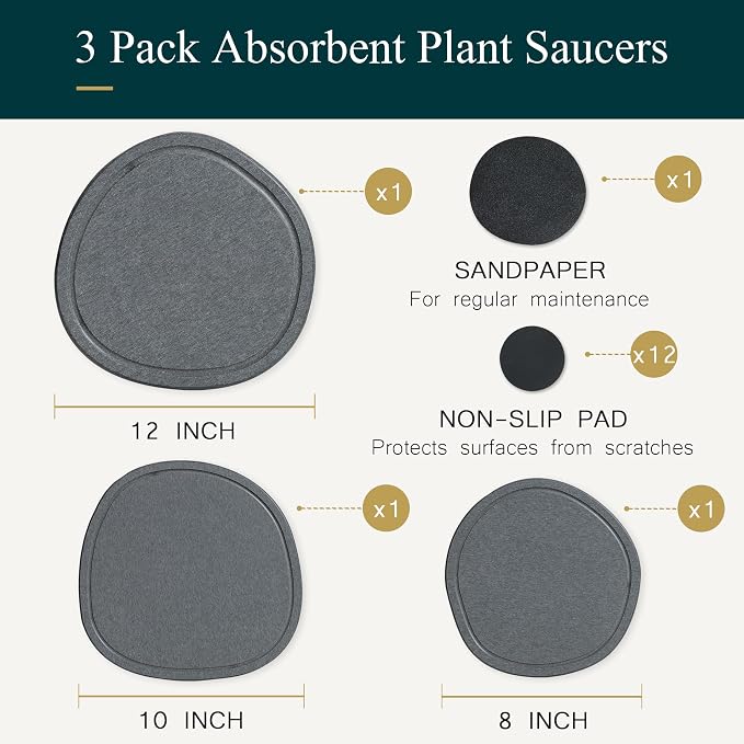8 10 12 Inch 3 Pcak Diatomite Plant Saucers for Indoors Outdoors, Flower Plant Pot Saucers Drainage Trays to Catch Water, Diatomaceous Earth Planter Plates Water Catcher Drip Trays, Grey