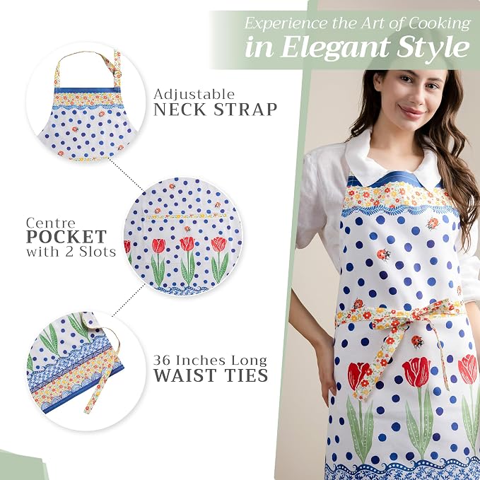 Maison d' Hermine Aprons for women with Pocket 100% Cotton (27.50"x31.50") | Adjustable Neck Strap & long ties Apron Men Chef Wedding Cooking Gardening Server Maid