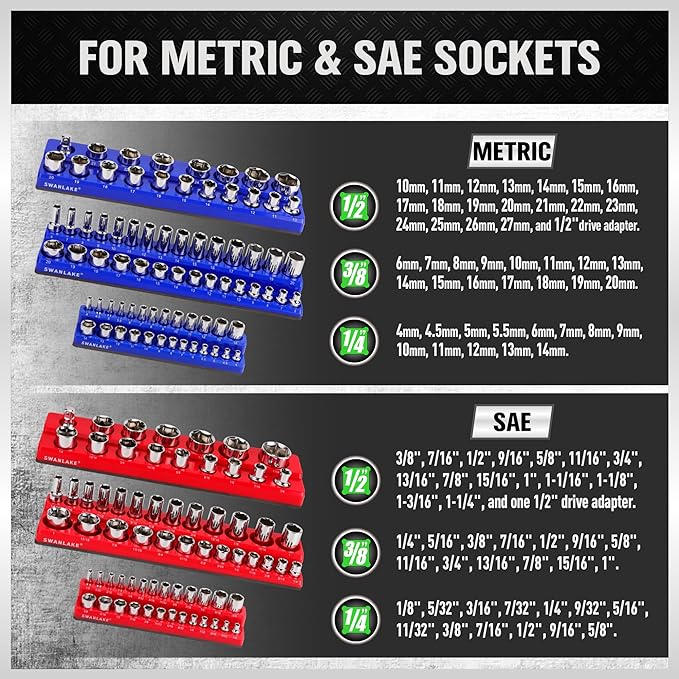 Magnetic Socket Organizer Set, 6PCS Socket Holder, 1/4", 3/8", 1/2" Sockets Holds 143 Pieces Magnetic Sockets Trays (Blue&red, 6 Pcs)