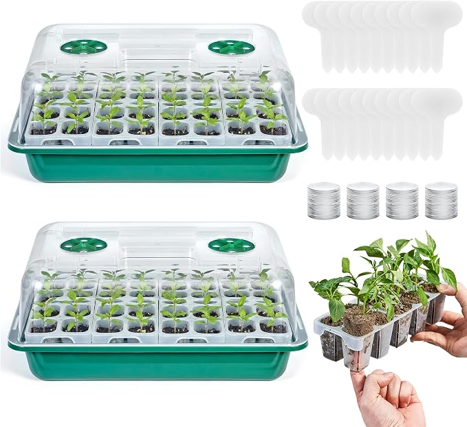 HIRALIY 80 Cell Seed Starter Tray Kits, Reusable Plant Germination Trays, Easy Transplanting, with Humidity Domes and Bases, for Starting Vegetable, Flower & Herb Seeds, Indoor Gardening, Greenhouse