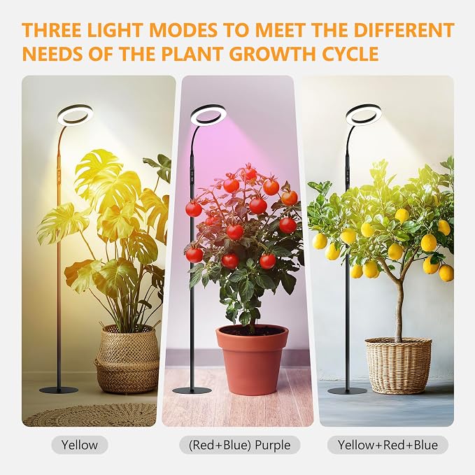 Grow Light Indoor Plants,20wFull Spectrum Lamp,HeightAdjustable Stand | 4/8/12H Auto Timer Setting,10 Dimmable Brightness Levels, 96LEDs Sunlike Floor Grow Lamp for Small to Tall Houseplants Growth