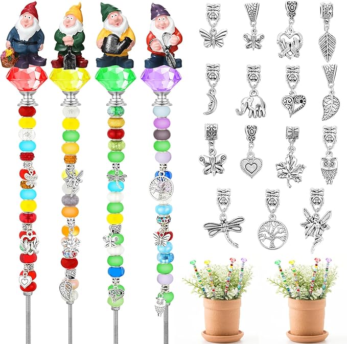 Lineshading 95 Pcs Gnome Garden Stakes Fairy Wand Garden DIY Beaded Stakes Decor 4 Crystal Stopper Top 4 Gnome 64 Large Hole Beads 15 Silver Pendants 4 Threaded Rods 4 Pcs Nuts, for Craft Supply