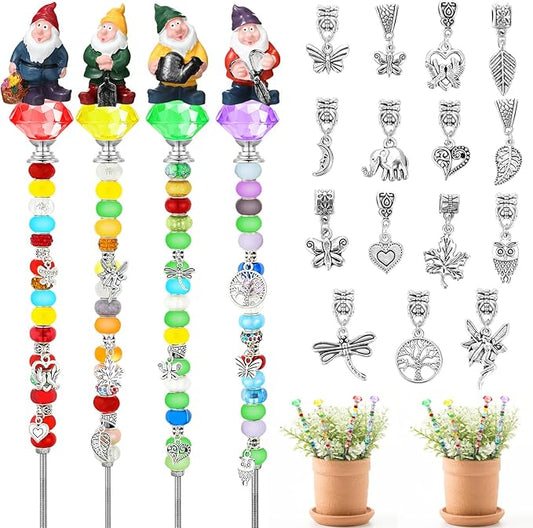 Lineshading 95 Pcs Gnome Garden Stakes Fairy Wand Garden DIY Beaded Stakes Decor 4 Crystal Stopper Top 4 Gnome 64 Large Hole Beads 15 Silver Pendants 4 Threaded Rods 4 Pcs Nuts, for Craft Supply