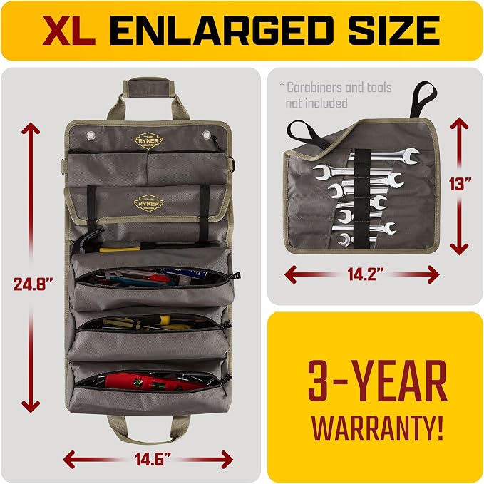 The Ryker Official PRO Tool BAG Organizer Heavy Duty Foldable Storage Bag with Detachable Pouches, Wrench Holder, Rugged Canvas for Mechanics, Electricians, Motorcycle Use, Practical Gift for Dads