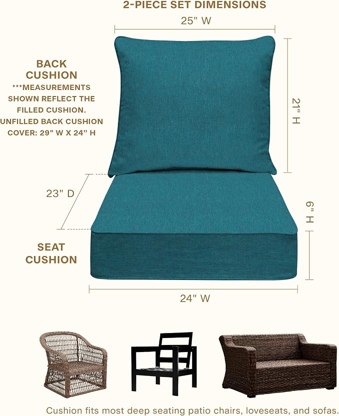 Honeycomb Outdoor Heritage Deep Seat, 24 x 23, Textured Solid Teal Chair Cushion with Removable Cover, for Patio Furniture