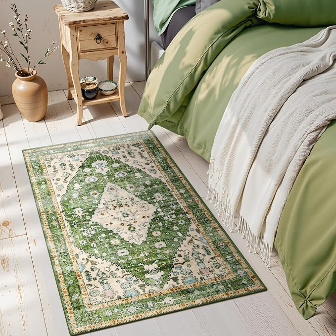 Lahome Felice Boho Tribal Area Rug, 2x3 Small Green Rug for Entryway, Soft Non Slip Washable Bathroom Mat Bohemian Low Pile Indoor Floor Door Carpet for Entryway Chair Bedroom Living Room, Green