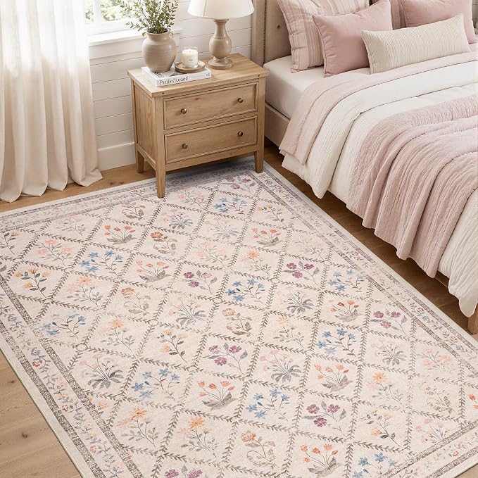 DCX Washable 4x6 Rose Biege Floral Rug for Girls Bedroom | Soft Cottagecore Rug for Baby Girl Nursery, Non Slip Low Pile, Kid & Pet Friendly Vintage Botanical Carpet