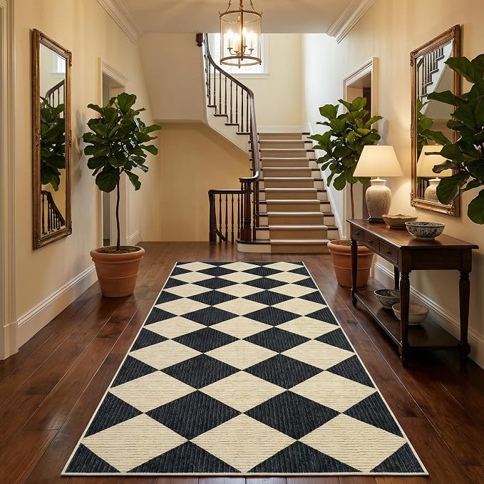GarveeHome Checkered Rug Runners 2x6 Non Slip Kitchen Runner for Hallway | Soft Black and Brown Diamond Print Entryway Rug Thin Laundry Mat Stain Resistant Carpet for Bedroom Bathroom Beside