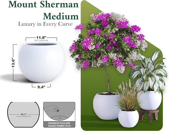 DTY Fiberstone Sphere Planter for Olive Trees, Large Round Globe Planter Indoor Outdoor, White, 70% Lighter Than Stone, Drainage Hole, 2 Coco Mats Included, Medium 16.1" D x 13.6" H