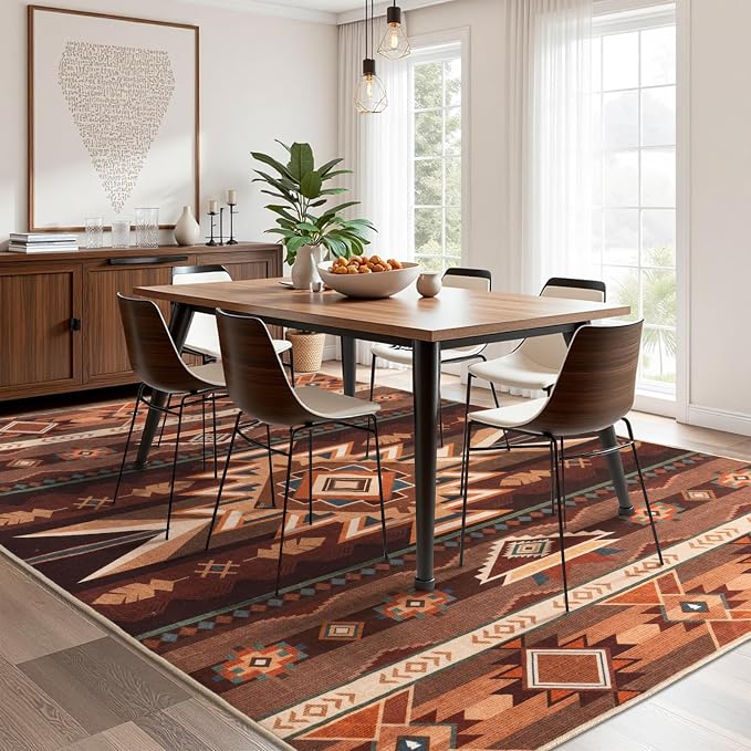 5x7 Western Rustic Aztec Area Rug for Living Room Bedroom Dining Room | 5x7 Southwestern Tribal Red Brown Low Pile Faux Wool Rug, Machine Washable Non-Slip Carpet for Living Room Dining Bedroom