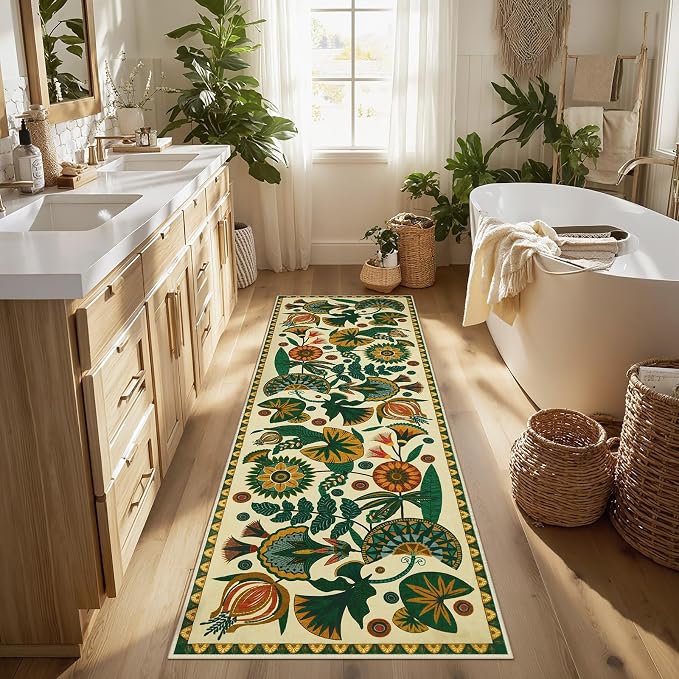 Joydeco Egypt Floral Washable 2.6x8 Runner Rug for Hallway Entryway Kitchen | Boho Botanical Colorful Non Slip Stain Resistant Low Pile Flower Indoor Carpet Runner for Entry Laundry Room Bathroom, Beige