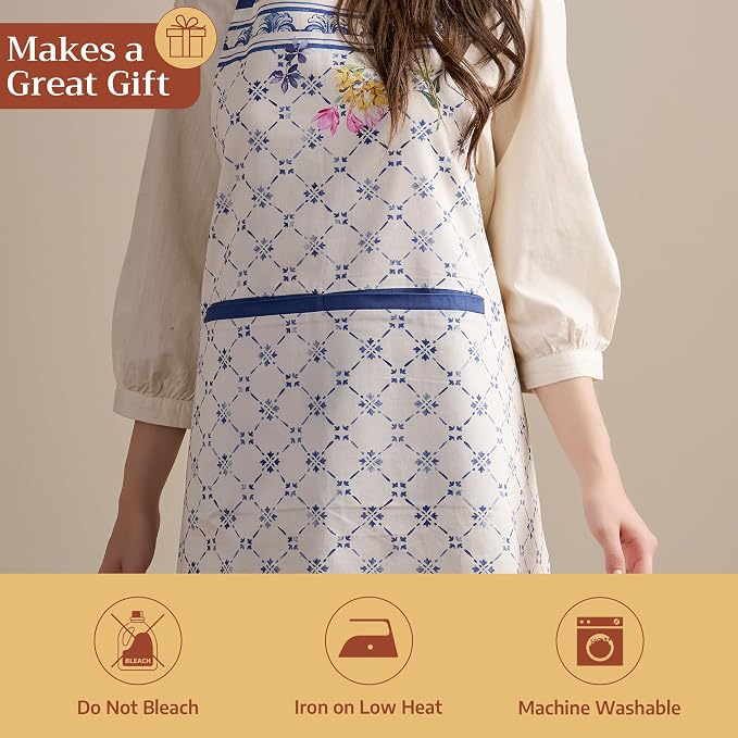 Maison d' Hermine Aprons for women with Pocket 100% Cotton (27.50"x31.50") | Adjustable Neck Strap & long ties Apron Men Chef Wedding Cooking Gardening Server Maid