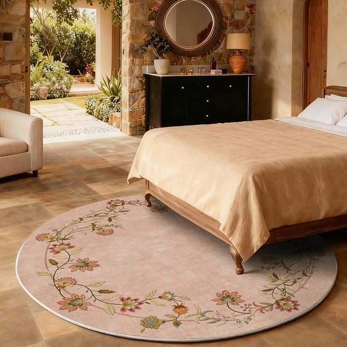 Washable Bedroom Round Rug 4ft: Living Room Circle Rug Stain Resistant Non Slip Low Pile Soft Faux Wool Small Area Rugs for Bedroom Kitchen Entryway Bathroom Kids Room Entrance Nursery Dorm Office