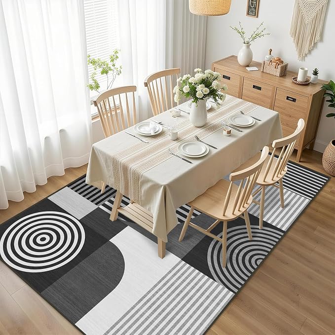 Grey Geometric Rug 3x5 for Bedroom Living Room Black White Mid Century Modern Rug Machine Washable Gray Minimalist Line Rugs Non Slip Low Pile Mat Indoor Floor Carpet for Bathroom Laundry