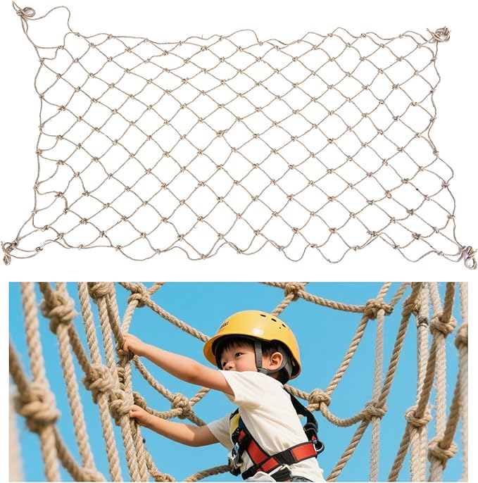 Jute Hemp Rope Net,Heavy Duty Natural Safety Rope Netting Balcony Stairs Fence Garden Playground Protection Net Indoor & Outdoor Decoration Rope Netting (3 FT x 16 FT)