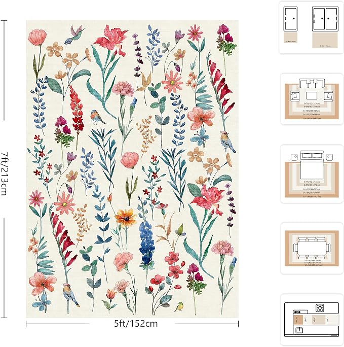 5x7 Area Rugs, Floral Washable Rugs for Living Room, Dining Room, Non-Slip Non Shedding Low Pile Home Decor Durable Bedroom Rug(Beige Floral)