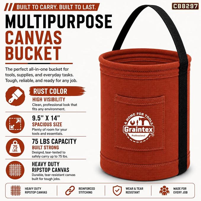Graintex Canvas Utility Bucket 9.5"x14", Round Tool Bucket, Reinforced Base & Carry Handle, Ripstop Canvas, Ideal Multi-Purpose Bag for Jobsite, Gardening, Home Use, Tool Storage - Rust
