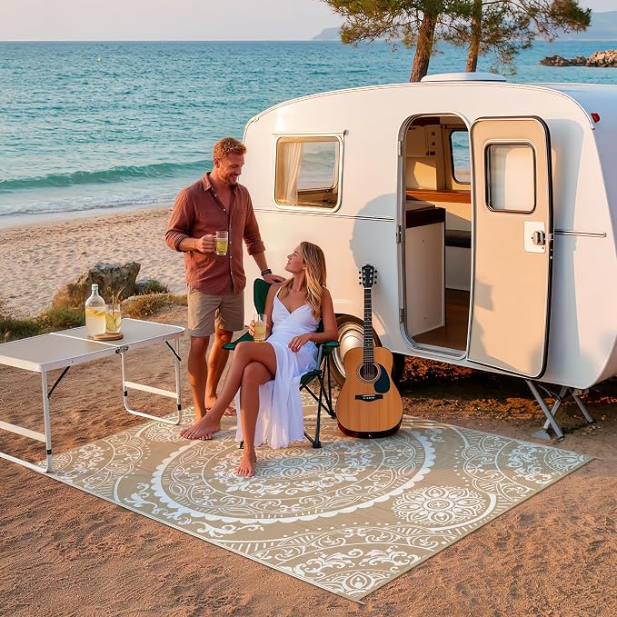 Pauwer Waterproof Outdoor Rug 6x9, Reversible Plastic Straw Patio Camping Rug, Indoor Outdoor RV Mat Carpet for Deck, Camper, Porch, Balcony, Backyard, Picnic, Paisley Brown