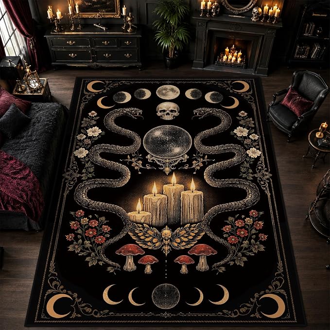 5x7 Gothic Area Rug for Living Room Bedroom Goth Skull Snake Witch Dark Black Large Rug Machine Washable Non-Slip Carpet for Dining Room Office