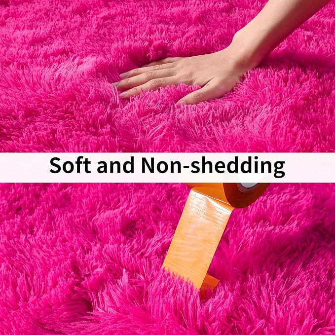 Soft Shag Fluffy Living Room Rug 5x7 Hot Pink Washable | Upgrade Non-slip, 5 x 7 Shaggy Rugs for Girls Bedroom Nursery, High Pile Fuzzy Plush Carpet Kids Room Dorm, Flame Resistant