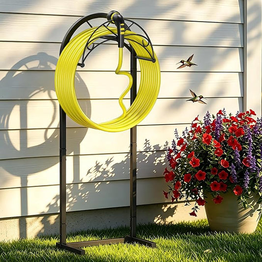 Garden Hose Holder with Pattern Heavy Duty Freestanding Holds 150ft | Auto-Grade Coat, Wide Base: No-tip yard stand. Drill-free: grass/decks. Tool-free twist, top tray for nozzles.