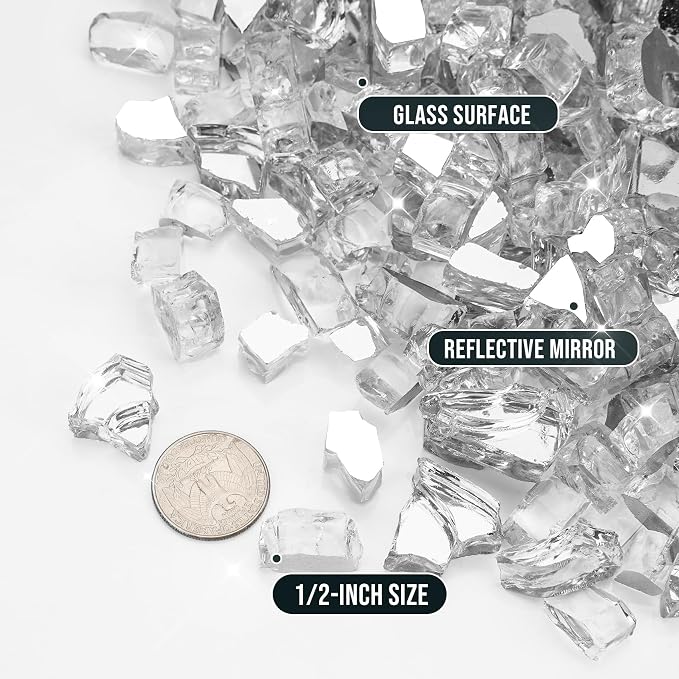 Skyflame 15LB Fire Pit Glass, High Luster Tempered Fire Glass Pellets for Fire Pit Table and Fire Bowl, 1/2-Inch Platinum