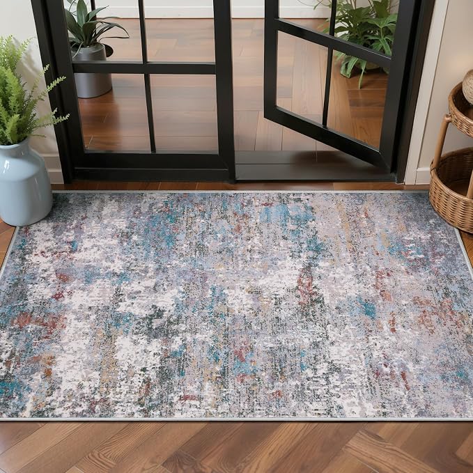 Tangsoo Abstract 2x4 Washable Rug for Entryway, Small Modern Non Slip Rugs | Indoor Front Door 2x4 Runner Rugs,Print Door Mat, Soft Low Pile Rugs for Entrance Kitchen Entry Bathroom Blue Grey Home Decor