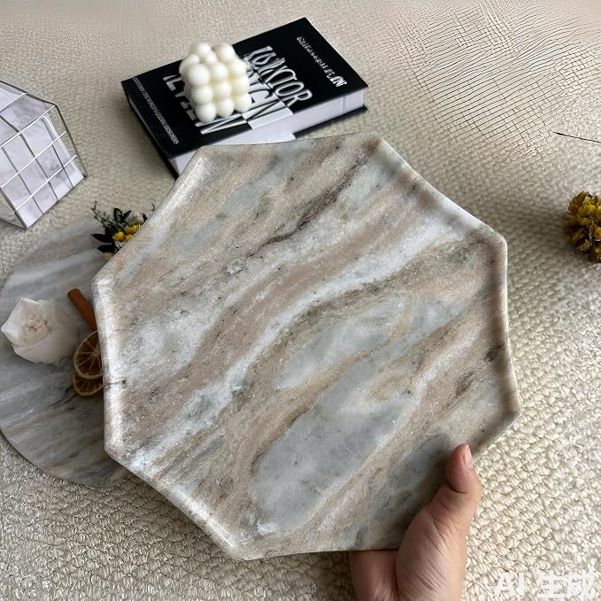 Real Natural Marble Octagon Tray 10.2in Solid Stone Decorative Plate | Luxury Grey Marble Decor Tray for Candle, Jewelry, Plant. Food-Safe Solid Stone Serving Dish with Unique Veining