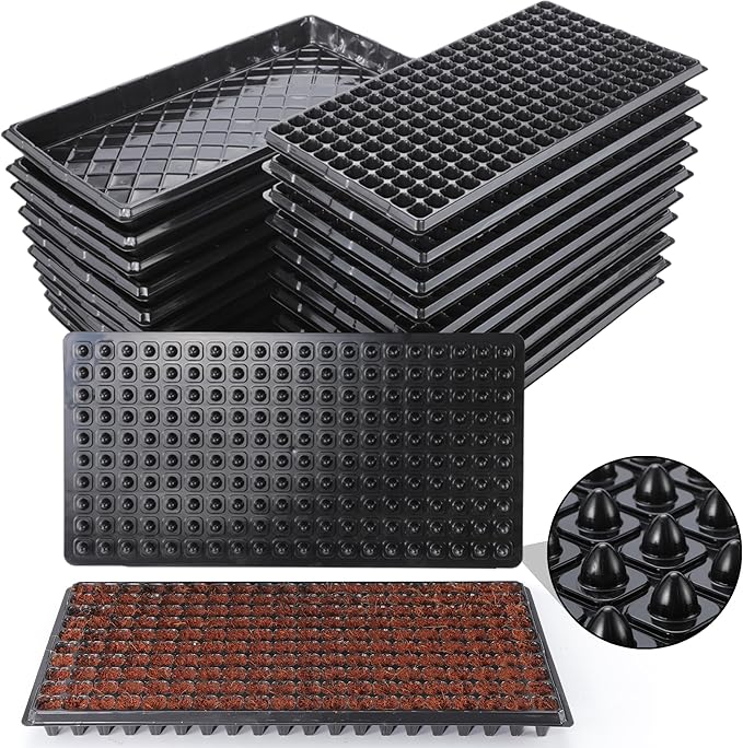 200 Cell Seed Starter Trays with Dibber – 20 Pack Reusable Seedling Trays for Germination Propagation, 200 Hole Soil Digger for Quickly Setting Out, Gift for Gardener