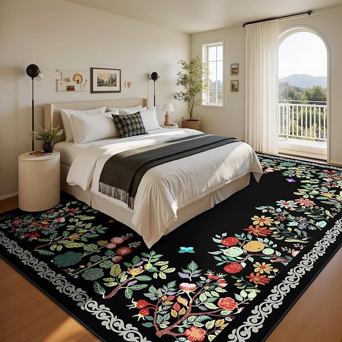 8x10 Area Rugs, Eco-Friendly Floral Washable Rug, Large Rugs for Living Room, Dining Room, Non-Slip Soft Durable Bedroom Rug（Black）