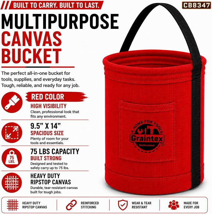 Graintex Canvas Utility Bucket 9.5"x14", Round Tool Bucket, Reinforced Base & Carry Handle, Ripstop Canvas, Ideal Multi-Purpose Bag for Jobsite, Gardening, Home Use, Tool Storage (Red)