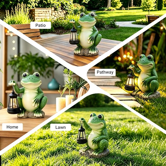 Solar Frog Garden Statue with LED Lantern, Waterproof Resin Figurine | for Yard, Pond, Pathway, Patio & Flower Bed, Cute Outdoor Decor, Unique Birthday & Housewarming Gift for Women, Mom & Grandma