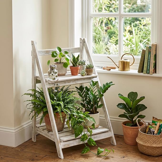 MyGift 2 Tier Rustic Whitewashed Solid Wood Freestanding Foldable Indoor Plant Stand, Decorative Wooden Display Shelf