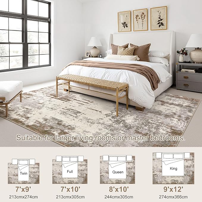 UERMEI 8x10 Area Rug Living Room Rugs - Washable Neutral Modern Abstract Soft Thin Large Rug Indoor Floor Non Slip Rug Carpet for Bedroom Under Dining Table Home Office Decor - Brown/Grey/Beige