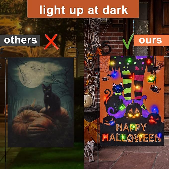 Halloween Lighted Garden Flag,Solar Outdoor Decor Yard Flag,8 Modes Led Witch Feet Shape Flag,12x18 Double Sided Cauldron Eyeball Black Cat Decorations for Home Porch