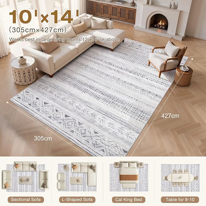 cotiled Boho 10x14 Area Rug for Living Room: Large Moroccan Washable Rug | Solve Modern Neutral Trendy Home Decor - Stain Resistan Carpet for Bedroom Farmhouse Brown