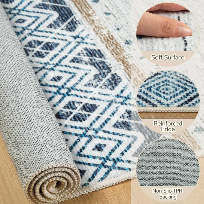 5x7 Area Rugs for Living Room Washable Moroccan Farmhouse Neutral Geometric Low Pile Non-Slip Soft Print Pattern Rug for Bedroom Kitchen Dining Room Entryway Blue/Brown | Vacuum Friendly, Machine Washable, Non-Slip Rug, Stain Resistant, Moroccan Geomet...