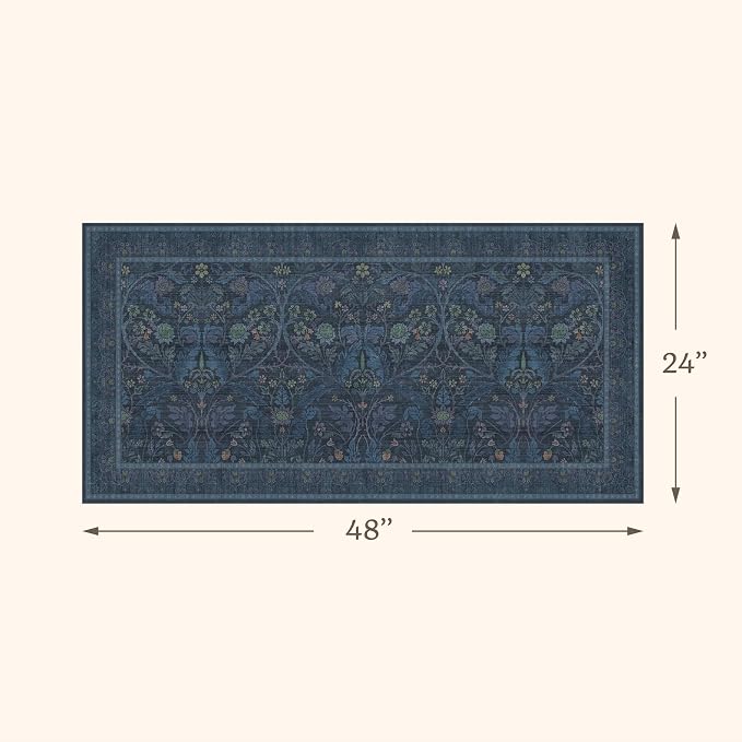 Washable 2x4 Entryway Rugs, Oriental Floral Small Blue Kitchen Rugs, Thin Bathroom Rugs Fit Under Door, Low Pile & Soft Carpet for Mudroom, Bedside