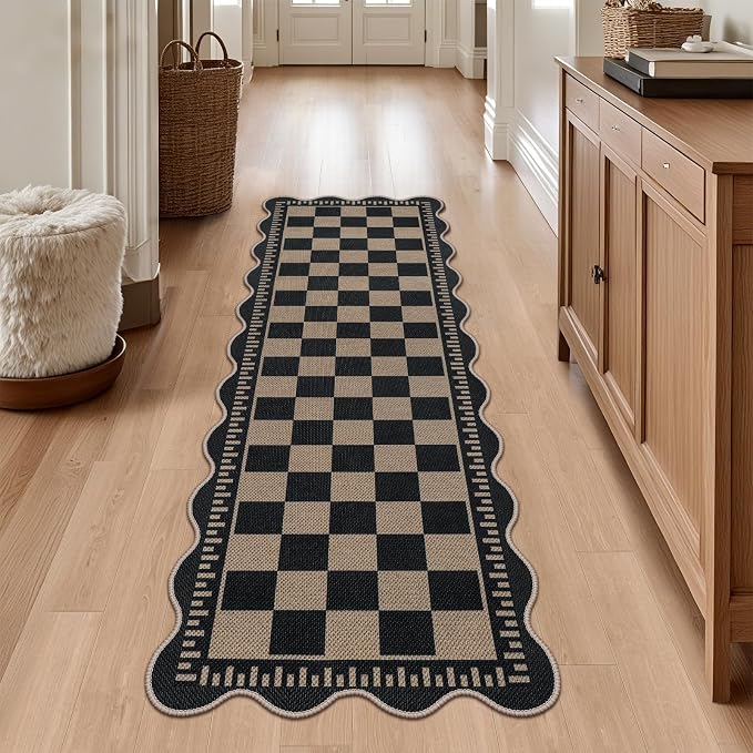 Checkered 2x6 Kitchen Runner Rug, Washable Rugs for Entryway Non Slip Outdoor Indoor Checkerboard Hallway Rug, Farmhouse Scalloped Carpet for Front Door Bedroom Laundry