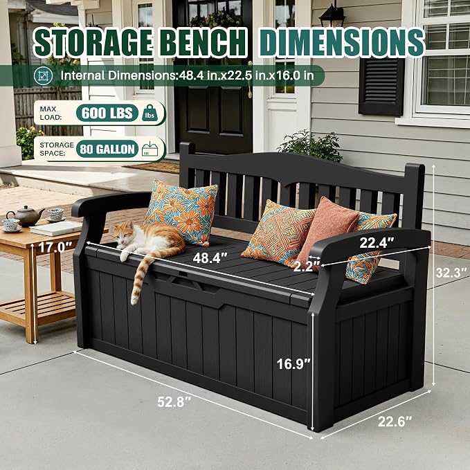 Devoko 80 Gallon Storage Bench Deck Box Lockable for Patio Furniture, Garden Decor and Outdoor Seating for Cushions, Garden Tools and Pool Supplies (Black)