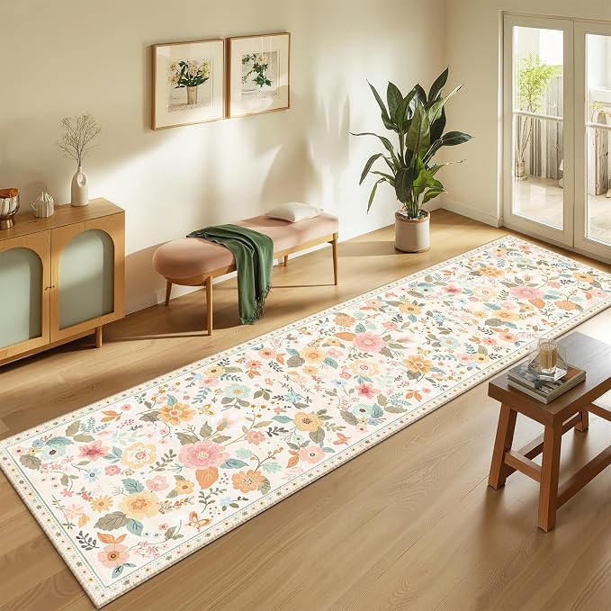 Floral Washable 2x10 Area Rugs Runner Entryway Hallway Beige/White/Orange | Flower Carpet, Print, Boho, Non-Slip, Easy to Clean, Low Pile, Soft, for Living Room Bedroom Kitchen Office Entrance