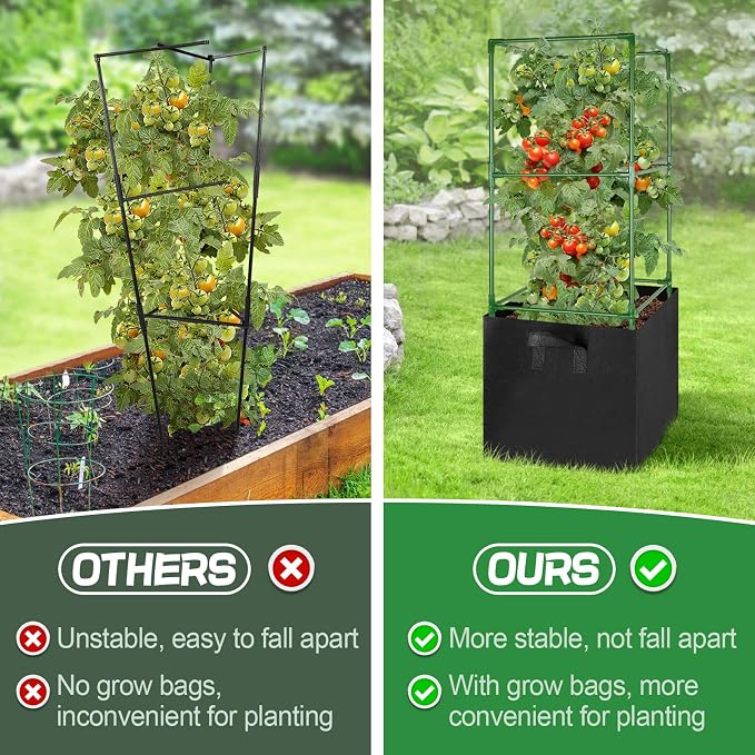 ANPHSIN Sturdy Square Tomato Cage with Movable 17 Gal Grow Bags - 3 Sets 46'' Plants Garden Trellis Planter, Support for Indoor Outdoor, Cucumber, Beans, Peppers, Eggplants, Climbing Vegetables