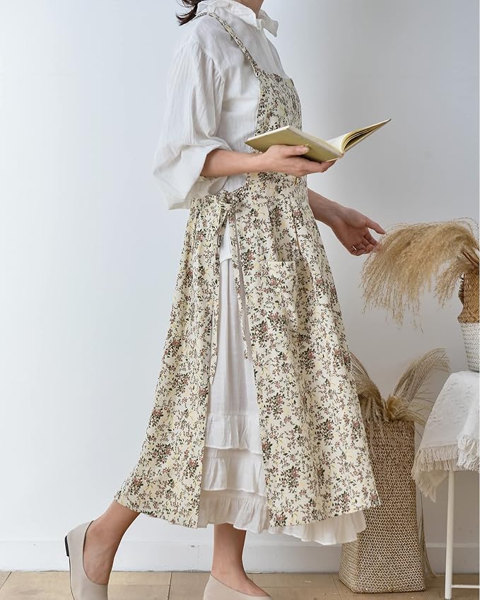 Japanese Cotton Linen Cross Back Apron with Pockets,Fashion Pinafore Dress for Gardening Painting Cleaning Cooking