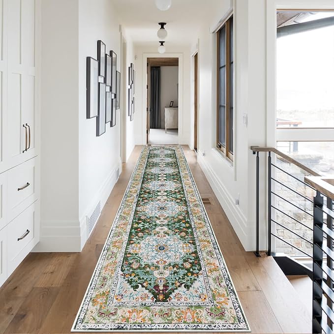 U'Artlines 2.6' x 14' Extra Long Boho Hallway Runner Rug, Green | Non Slip Washable Vintage Farmhouse Accent Area Rug Carpet for Kitchen Entryway Laundry and Living Room